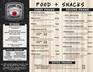 Stone Pin Food and Snacks Menu